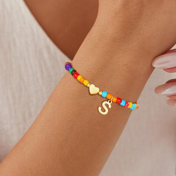 Personalized Colorful Initial Bracelet with Heart - 6" Stretchy Beaded Charm - Picture 3 of 7
